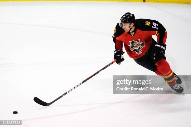 Tomas Fleischmann of the Florida Panthers skates with the puck against the New Jersey Devils during Game Two of the Eastern Conference Quarterfinals...