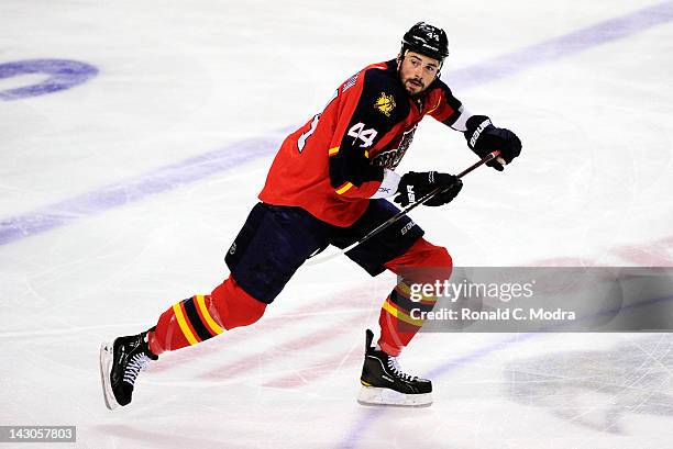 Erik Gudbranson of the Florida Panthers skates against the New Jersey Devils during Game Two of the Eastern Conference Quarterfinals during the 2012...