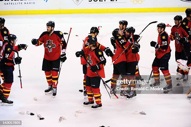 Florida Panthers celebrate defeating the New Jersey Devils as victory rats litter the ice during Game Two of the Eastern Conference Quarterfinals...