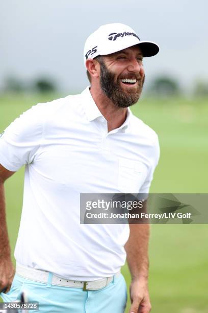 Dustin Johnson on the range during a practice round prior to the LIV Golf Invitational - Bangkok at Stonehill Golf Course on October 05, 2022 in...
