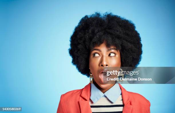 mockup, wow and black woman with surprise face, afro hair and retro or vintage business fashion style. expert designer girl with emoji facial expression, good skincare or hair care on blue background - beautiful woman shocked stock pictures, royalty-free photos & images