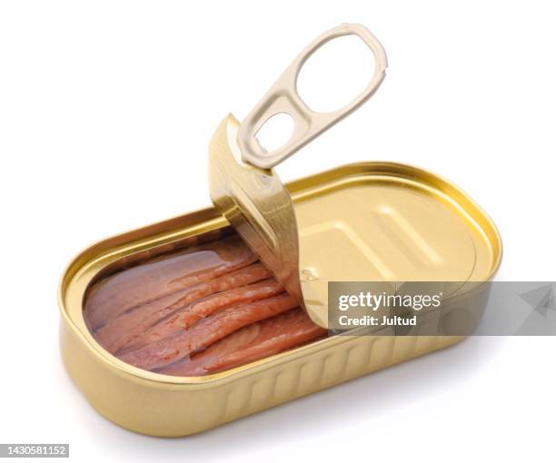 anchovies preserved in oil in metal can, with the can opened - anchovy bildbanksfoton och bilder