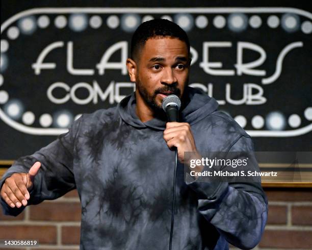 Comedian Damon Wayans Jr. Performs at Flappers Comedy Club and Restaurant Burbank on October 04, 2022 in Burbank, California.