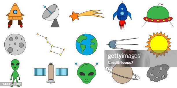 colorful outer space icon set - editable 2pt stroke - space shuttle white background stock illustrations
