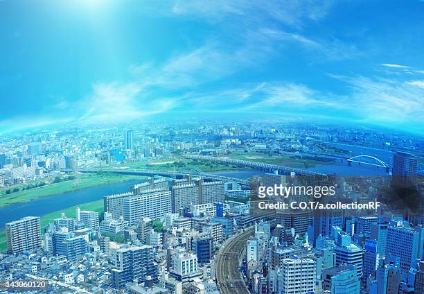 cityscape, aerial view, fish-eye lens - fish eye lens stockfoto's en -beelden