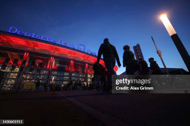 Fans arrive outside the stadium prior to the UEFA Champions League group D match between Eintracht Frankfurt and Tottenham Hotspur at Deutsche Bank...