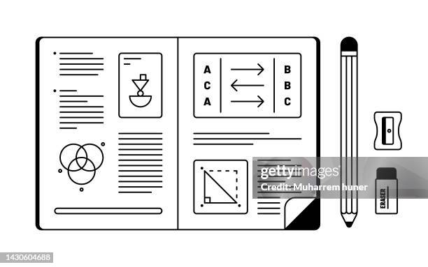 study vector illustration concept. open textbook, pencil, eraser and pencil sharpener. - middle school students stock illustrations