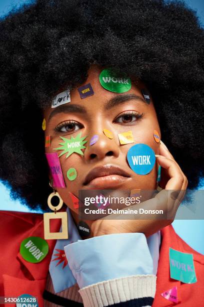 emoji portrait, fashion stickers and girl with thinking face expression with blue studio wall. frustrated, depressed and tired black woman with afro struggle with worker fatigue and burnout. - model beroep stockfoto's en -beelden