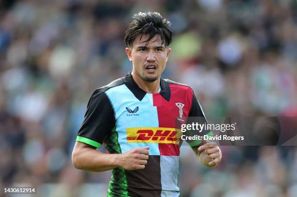 Marcus Smith. Of Harlequins looks on during the Gallagher Premiership Rugby match between Harlequins and Northampton Saints at Twickenham Stoop on...