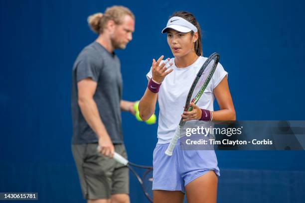 August 28. Emma Raducanu of Great Britain with coach Dmitry Tursunov during a practice session on court nine in preparation for the US Open Tennis...