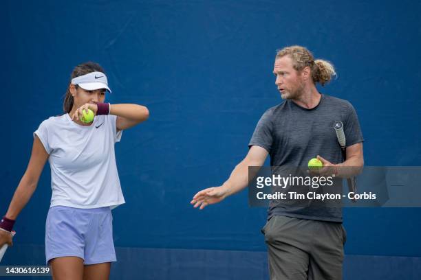 August 28. Emma Raducanu of Great Britain with coach Dmitry Tursunov during a practice session on court nine in preparation for the US Open Tennis...