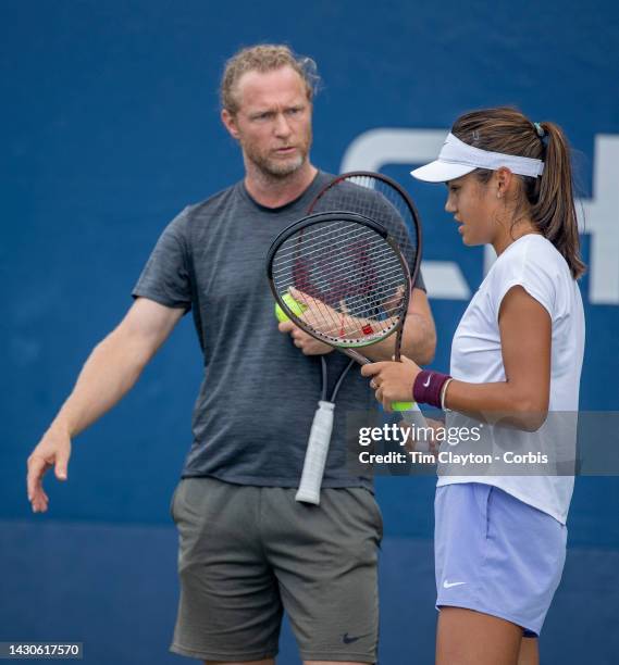 August 28. Emma Raducanu of Great Britain with coach Dmitry Tursunov during a practice session on court nine in preparation for the US Open Tennis...