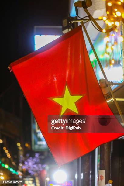 vietnamese flag at night in yokohama - vietnamese flag stock pictures, royalty-free photos & images