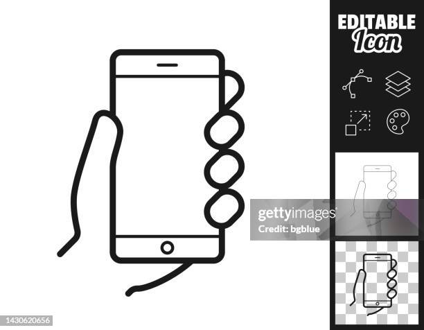 hände halten handy. icon für design. leicht editierbar - cell phone icon png stock-grafiken, -clipart, -cartoons und -symbole