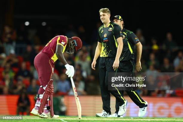 Cameron Green of Australia celebrates dismissing Raymond Reifer of West Indies during game one of the T20 International series between Australia and...