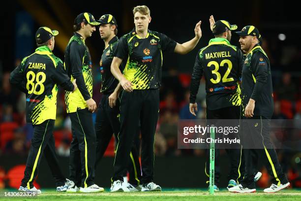 Cameron Green of Australia celebrates dismissing Raymond Reifer of West Indies during game one of the T20 International series between Australia and...