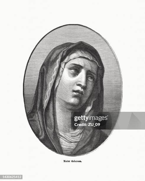 mater dolorosa, painted by guido reni, wood engraving, published in 1894 - catholic church stock illustrations