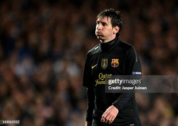 Lionel Messi of Barcelona looks dejected during the UEFA Champions League Semi Final first leg match between Chelsea and Barcelona at Stamford Bridge...