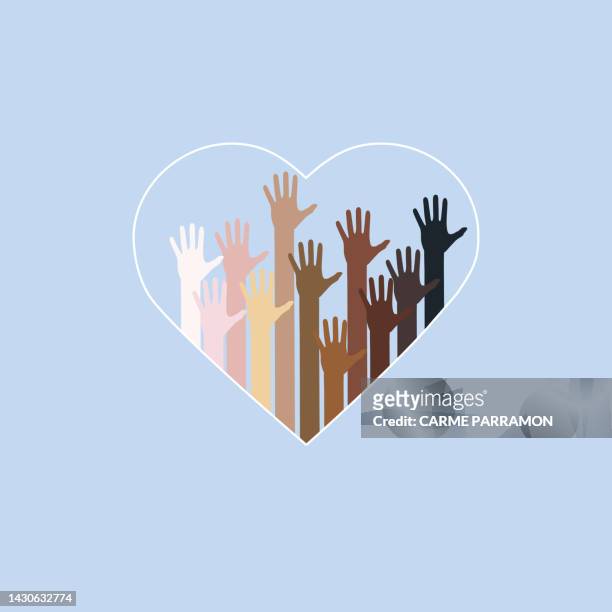 symbol of love. multiethnic world. hands with multiple skin colors - crowd hand heart stock illustrations