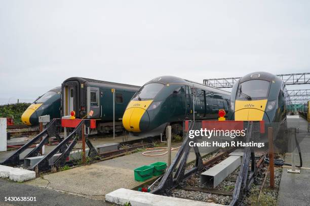 Great Western Railway trains parked at the GWR Depot at Long Rock, on October 05, 2022 in Penzance, England. Commencing on October 5th, rail...