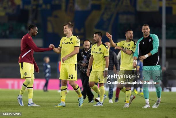 Players of Udinese Calcio celebrate after winning during the Serie A match between Hellas Verona and Udinese Calcio at Stadio Marcantonio Bentegodi...