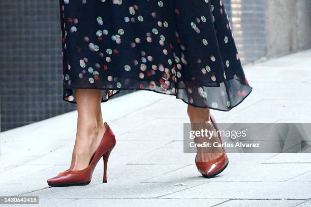 Queen Letizia of Spain, shoes detail, arrives at an event on World Mental Health Day 2022 at the Impact Hub Piamonte on October 05, 2022 in Madrid,...