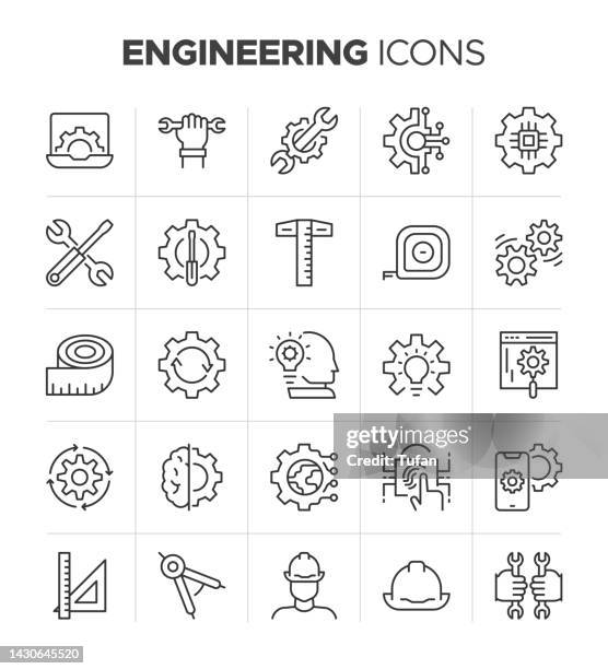 illustrazioni stock, clip art, cartoni animati e icone di tendenza di set di icone di progettazione. icone relative all'attrezzatura. contiene icone come ingegnere, impostazioni, produzione, meccanica, ingranaggi, sviluppo e altro simbolo - customizzare