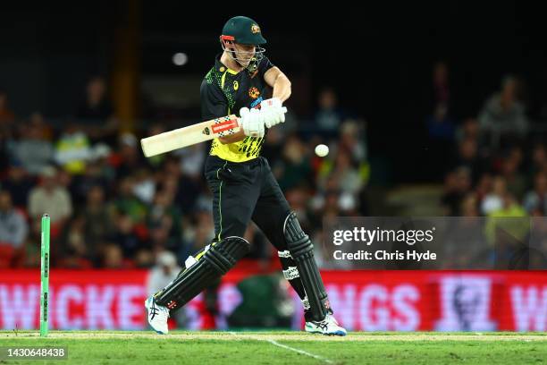 Cameron Green of Australia bats during game one of the T20 International series between Australia and the West Indies at Metricon Stadium on October...