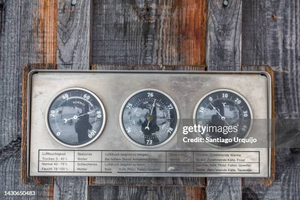 meteorological station on a wooden hut - a picture of a barometer foto e immagini stock