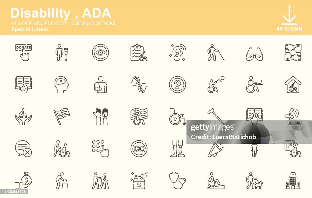 Disability , ADA , Americans with Disabilities Special Lineal Icons , Editable Stroke , 64x64 Pixel Perfect