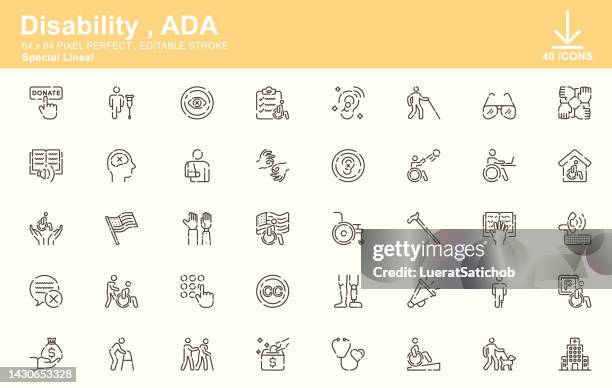 disability , ada , americans with disabilities special lineal icons , editable stroke , 64x64 pixel perfect - disabled accessible boarding sign stock illustrations
