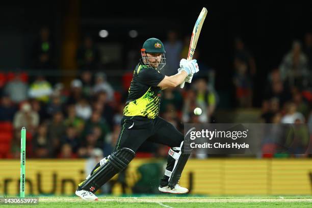 Aaron Finch of Australia bats during game one of the T20 International series between Australia and the West Indies at Metricon Stadium on October...