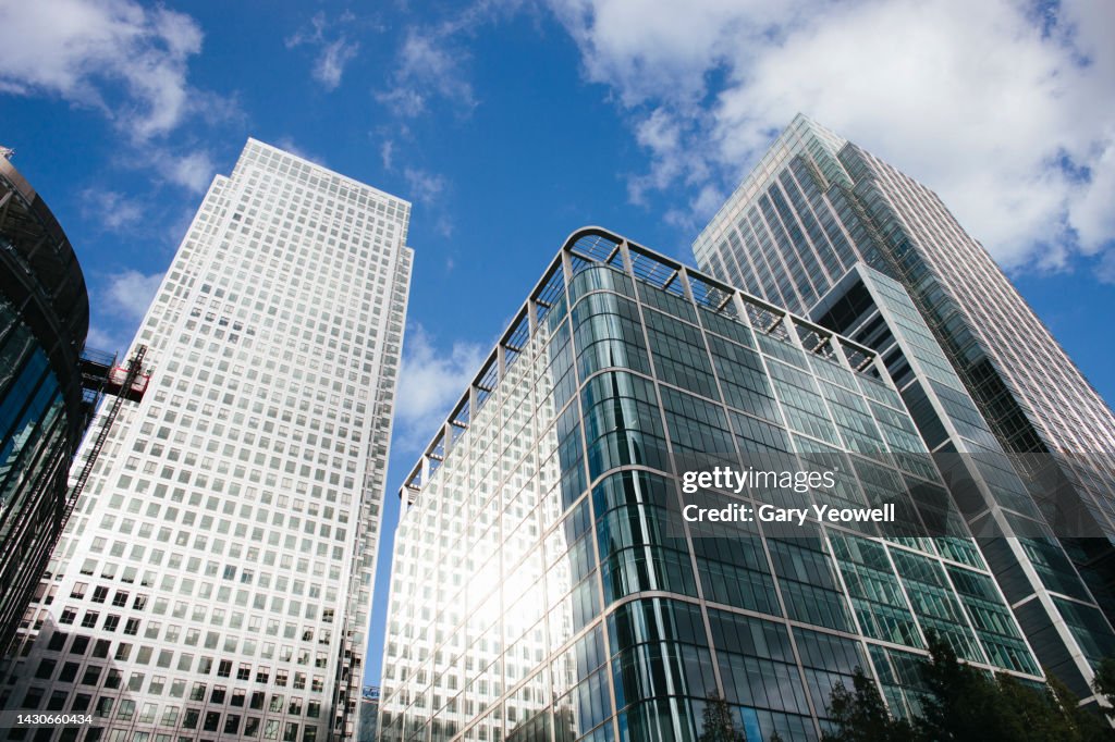 Low angle view of London city Canary Wharf skyscrapers