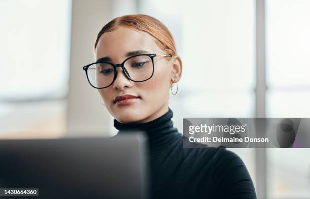 business woman, laptop and vision glasses in digital marketing startup, advertising company or colombian social media office. thinking worker, designer or brand employee with data analysis technology - employee survey stock pictures, royalty-free photos & images
