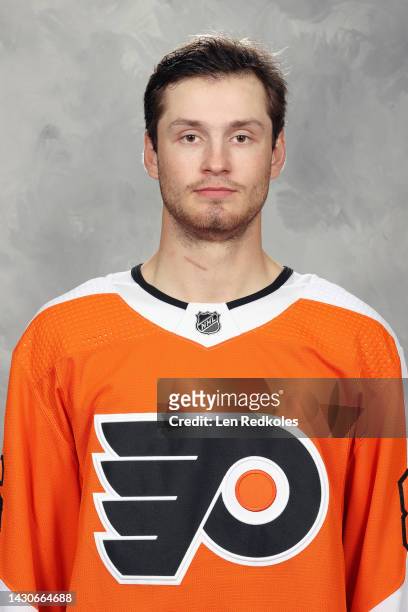 Joel Farabee of the Philadelphia Flyers poses for his official headshot for the 2022-2023 season on September 21, 2022 at the Wells Fargo Center in...