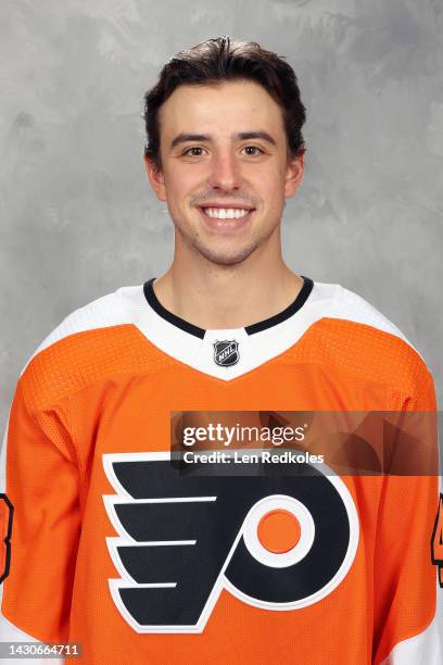 Morgan Frost of the Philadelphia Flyers poses for his official headshot for the 2022-2023 season on September 21, 2022 at the Wells Fargo Center in...