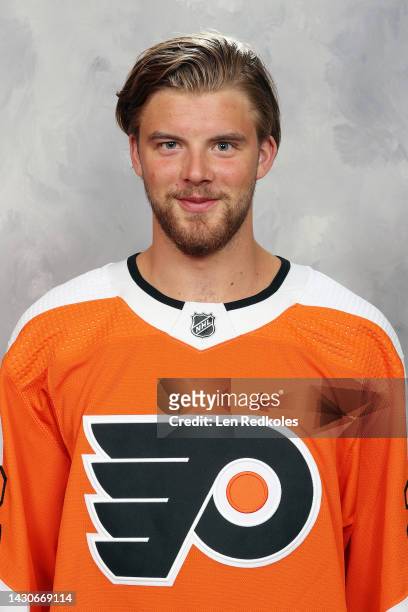 Samuel Ersson of the Philadelphia Flyers poses for his official headshot for the 2022-2023 season on July 10, 2022 at the Virtua Flyers Skate Zone in...