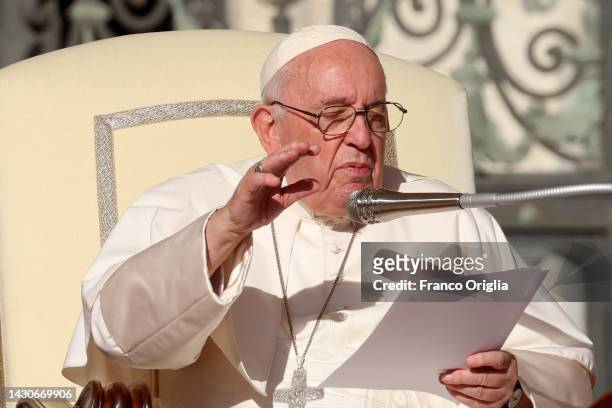 Pope Francis holds his homily at St Peter's Square during his Wednesday General Audience on October 5, 2022 in Rome, Italy. In greetings to the...