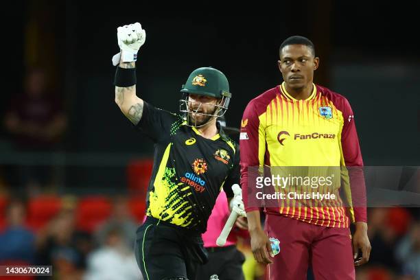 Matthew Wade of Australia celebrates winning game one of the T20 International series between Australia and the West Indies at Metricon Stadium on...