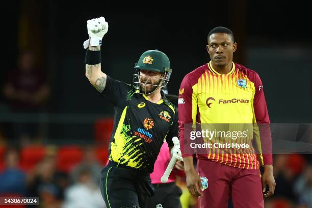 Matthew Wade of Australia celebrates winning game one of the T20 International series between Australia and the West Indies at Metricon Stadium on...