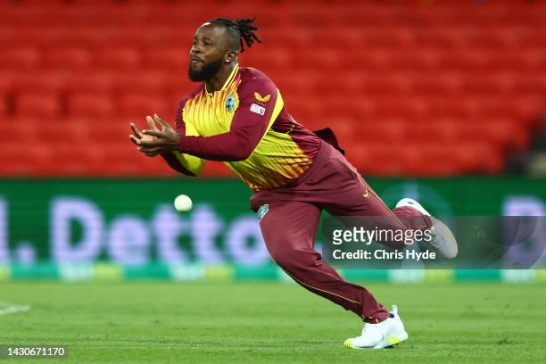 Kyle Mayers of West Indies drops a catch during game one of the T20 International series between Australia and the West Indies at Metricon Stadium on...