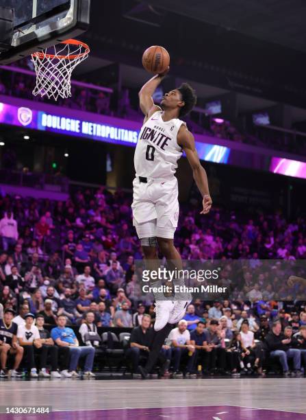 Scoot Henderson of G League Ignite goes up for a dunk against Boulogne-Levallois Metropolitans 92 in the second quarter of their exhibition game at...