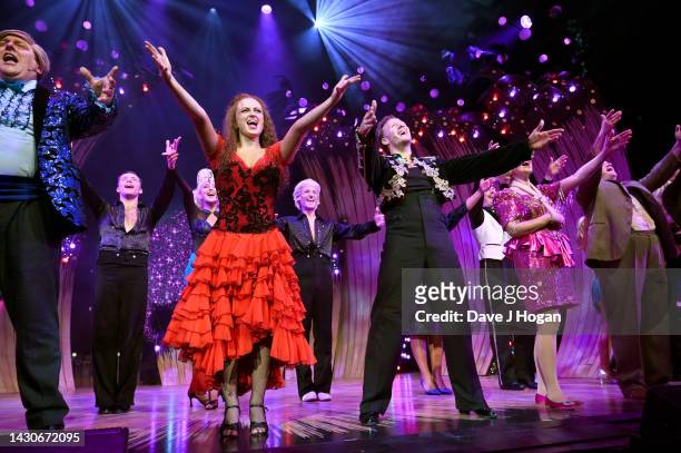 Maisie Smith and Kevin Clifton during the "Strictly Ballroom" curtain call at Churchill Theatre on October 04, 2022 in Bromley, England.