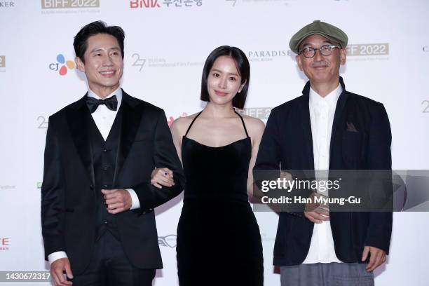 South Korean actors Shin Ha-Kyun, Han Ji-Min and director Lee Jun-ik attend the 27th Busan International Film Festival Opening Ceremony on October...