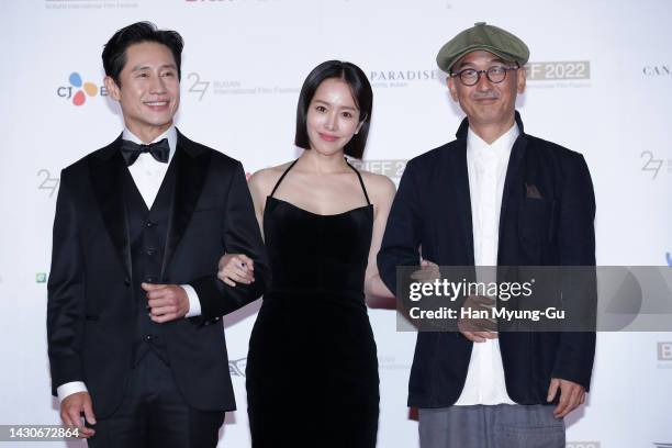 South Korean actors Shin Ha-Kyun, Han Ji-Min and director Lee Jun-ik attend the 27th Busan International Film Festival Opening Ceremony on October...