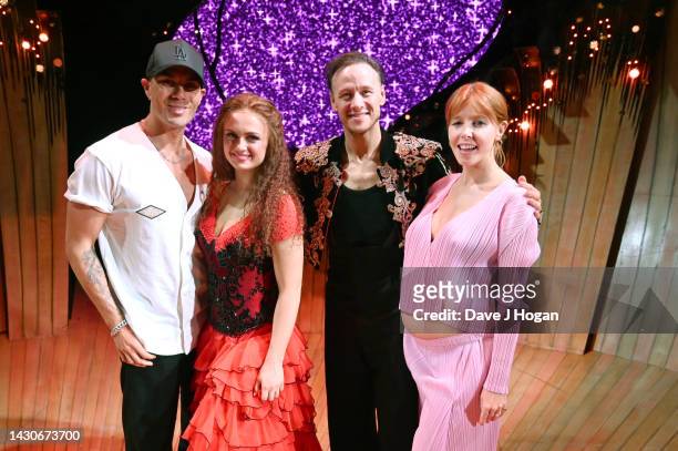 Max George, Maisie Smith, Kevin Clifton and Stacey Dooley attend the "Strictly Ballroom" press night at Churchill Theatre on October 04, 2022 in...