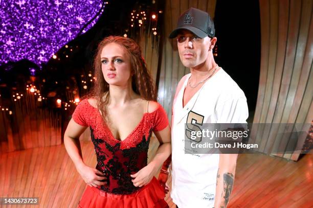 Maisie Smith and Max George attend the "Strictly Ballroom" press night at Churchill Theatre on October 04, 2022 in Bromley, England.