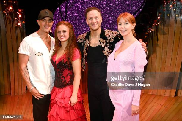 Max George, Maisie Smith, Kevin Clifton and Stacey Dooley attend the "Strictly Ballroom" after party on October 04, 2022 in Bromley, England.