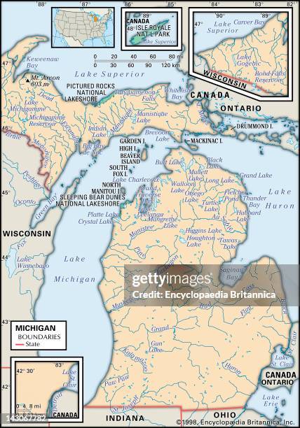 Physical Map Of Michigan, Physical Map Of The State Of Michigan Showing Lakes And Other Features.