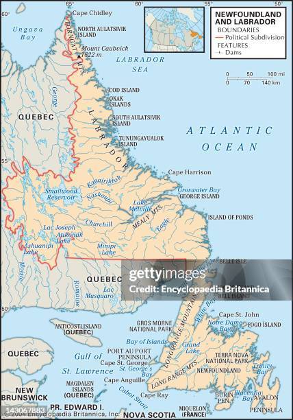 Map Of Newfoundland And Labrador, Physical Map Of Newfoundland And Labrador, Canada, Showing Major Islands, Lakes And Other Features.